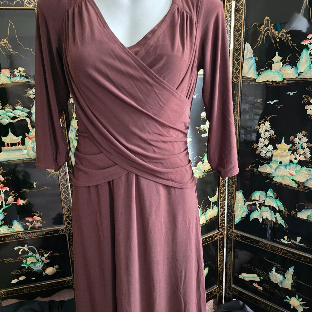 NWT Brown Wrap Sheath Dress with Ruched Waist and 3/4 Dolman Sleeves